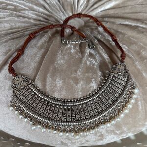 Handmade Leather and Silver Necklace with Pearl Accents